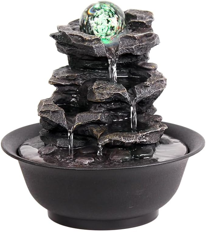 USB Powered, Hypnotic Waterfall Feature with Color-Changing LED Light, Compact Tabletop Design for Home, Office,Bedroom Decor, Relaxing Zen Meditation Indoor Water Feature
