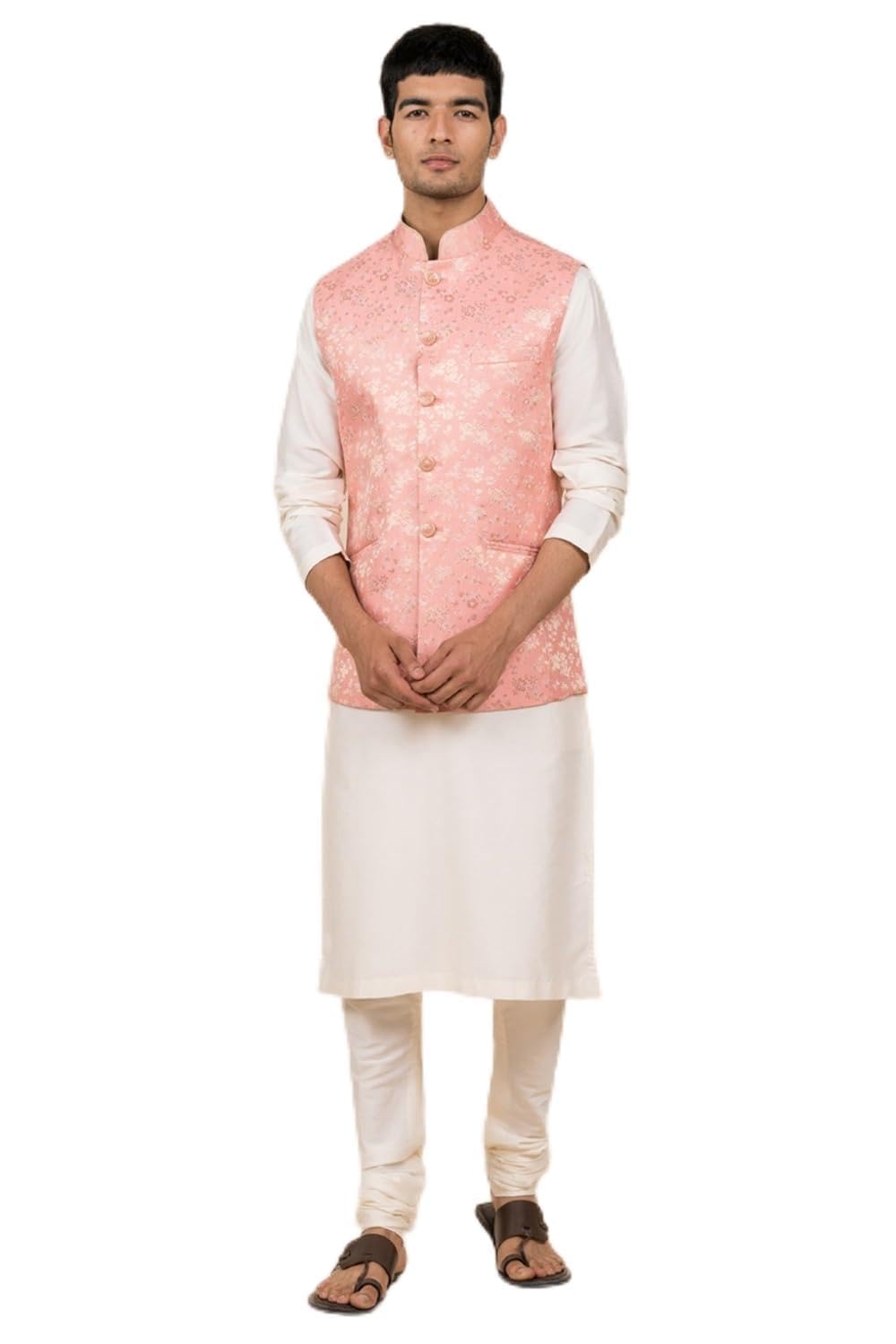 tasva Classic Peach Brocade Bundi For Men-picture-32