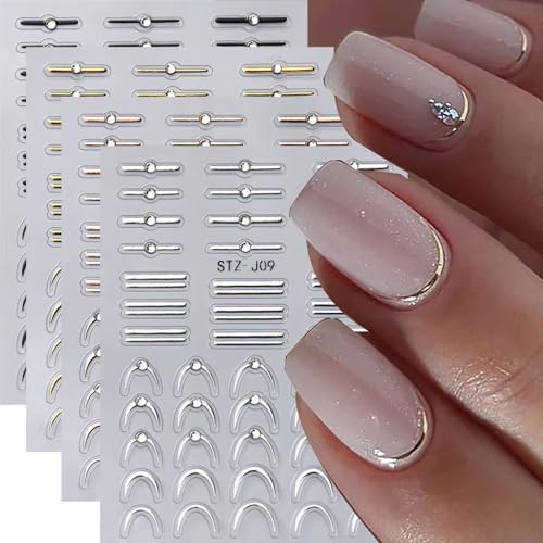 4 Sheets French Stripe Line Nail Stickers with Gold Silver Shiny...