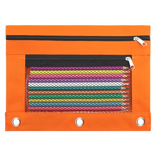 Image of Pencil Pouch for 3 Ring Binder - 3 Hole Zipper Pen Case Bag Holder Bulk Accessories Clear Window Aesthetic Organizer Pockets (Bright Orange)