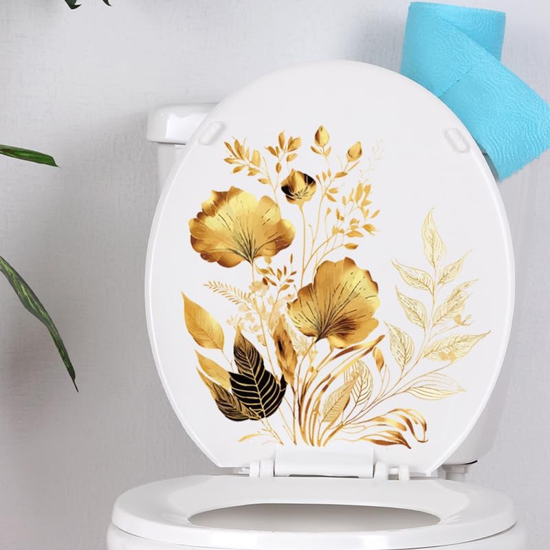 Golden Flower Leaves Toilet Cover Sticker Decals,Fish Bird Flower Leaf Waterproof Toilet Lid Tank Seat Decals Cistern Self-Adhesive Bathroom Wall Sticker