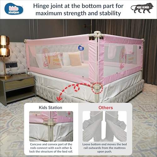 Image of Kids Station Baby Bed Rail Guard for Toddlers Safety - Easy to Fold - Portable and Adjustable Height - Baby Safety Essential - 6.6ftx6ft or 200x180cm (2 Sides, Pink, with Pocket)