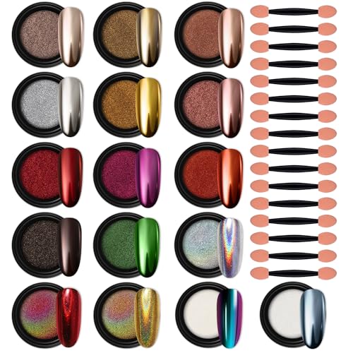 Artdone 16 Jars Chrome Nail Powder Magic White Pearl Kit Mirror E...