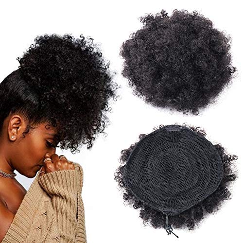 fani Human Hair Afro Puff Ponytail Drawstring Afro Kinky Curly Ponytail Hair Extension African American HairPieces with Clips (Black)