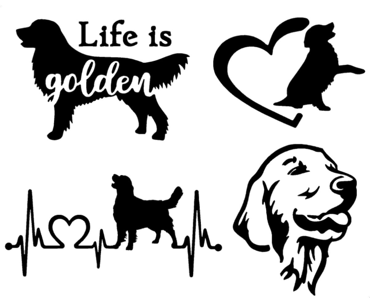 Slaced Golden Retriever Decal 4 Pack: Life is Golden, Golden Retriever Heartbeat, Golden Heart, Detailed Golden Retriever (Small ~3", Black)