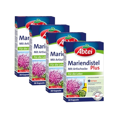 Abtei Mariendistel Plus mit Artischocke - unterstützt die Leberfunktion - fördert die Fettverdauung - laborgeprüft und natürlich wirksam - 30 Kapseln (Packung mit 4)