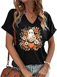 V Neck Fall Shirts for Women Ghost Hide in Bush Blouse Floral Pumpkin Graphic Halloween Shirts Cute Tops Tee(BK06-ATM,X-Large)