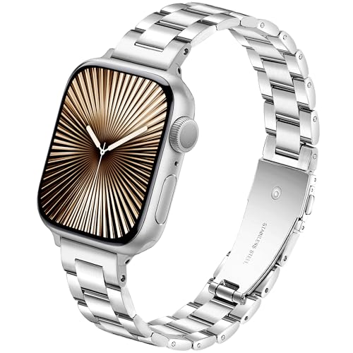 Image of Melyis Slim Metal Band Compatible with Apple Watch Bands for Women 46mm 45mm 44mm 42mm 49mm, Premium Stainless Steel iWatch Bands for Apple Watch Series 11 10 Series 9 SE 8 7 6 5 4 3 2 Ultra, Silver