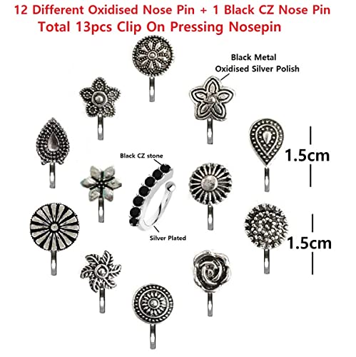13 Pcs Oxidised Black Antique Non piercing Nose Studs Pin Oxidized Metal Silver Nose Rings for Women2