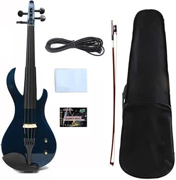 Vetimobato Electric Violin 4/4 Full Size Solid Wood Guitar Shape Body Silent Violin Set for Adults Beginner Practice Electric Fiddle with Ebony Fittings Hard Case 4 Strings Blue Bird Head Big Jack