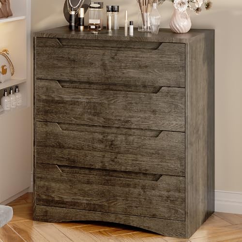 Gizoon 4 Drawer Dresser for Bedroom, Sturdy Chest of Drawers with Anti-Tip Device, Modern Large Capacity Storage Furniture for Closet, Embedded Handle, Space-Saving Design, Wooden Finish, Dark Brown