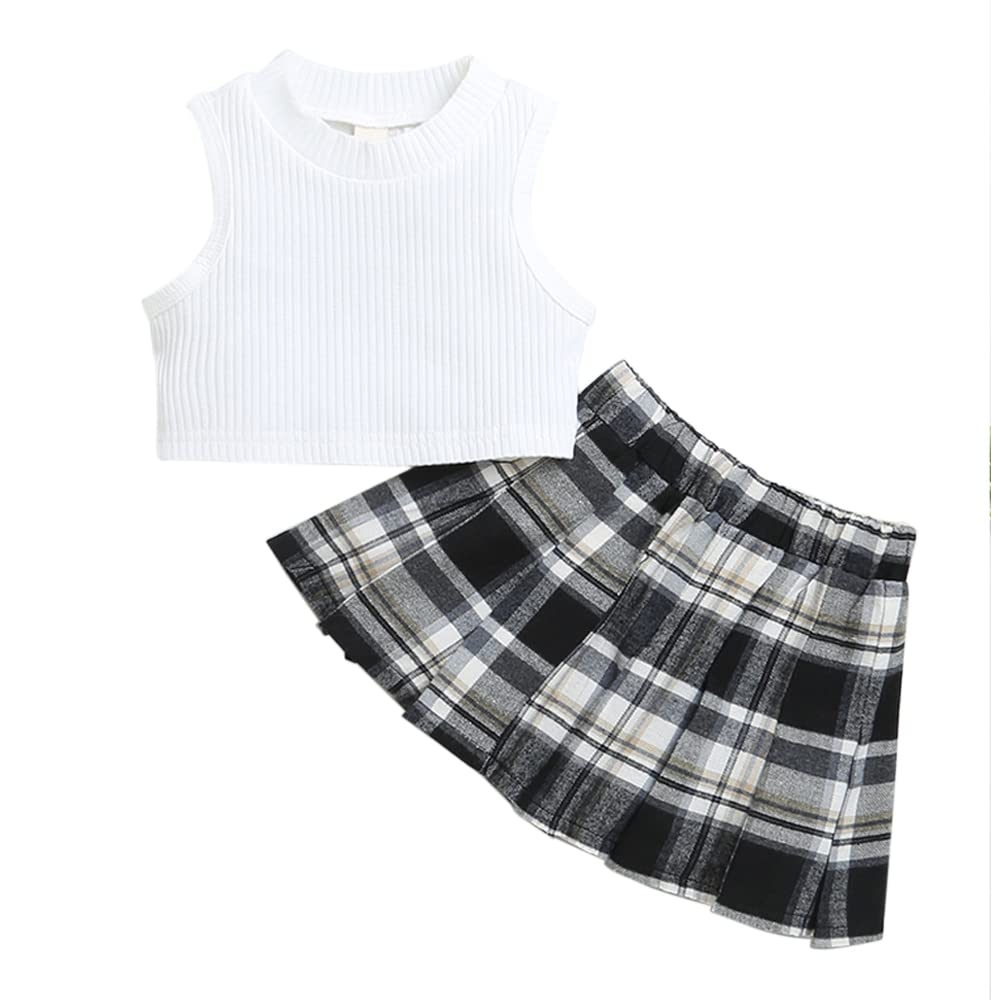 Girls Cotton and Spandex Sleeveless Checkered Skirt Set in White Color-image-49