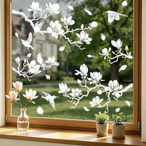 Supzone Stickers Fenetre Magnolia Blanches et Oiseaus - Autocollant Fenêtre Fleur Décoratif, Stickers Vitres Electrostatique Anti-Collision pour Fenêtres,...