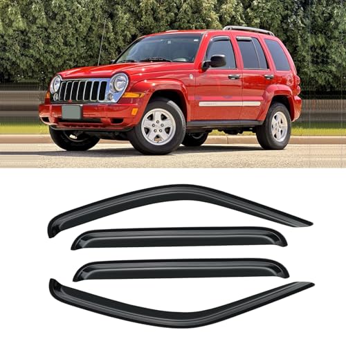 Window Visor for 2002-2007 Jeep Liberty (KJ), Out-Channel Rain Guards Shields Vent Deflector Shade Wind Dark Smoke 2003 2004 2005 2006 02 03 04 05 06 07, Outside-Mount, 4PCS