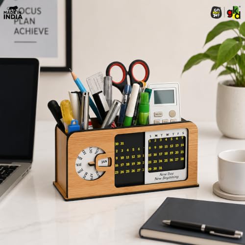Image of GKD Wooden Desk Organizer with Perpetual Calendar & Pen Stand for Office Desk, Study Table Accessories, Multipurpose Stationery Holder with 3 Compartments, Retro Radio Design Table Decor for Home, Office & Students