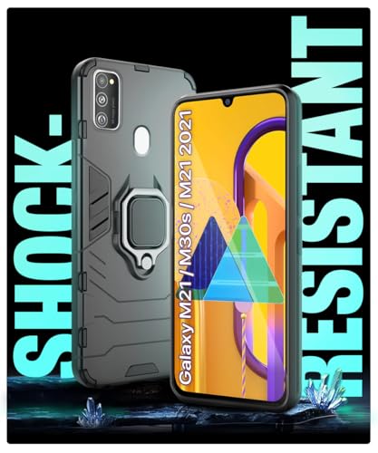 Image of WOW IMAGINE Shock Proof Back Case Mobile Cover for Samsung Galaxy M21 | M30s | M21 2021 Edition (Armor | Hybrid PC + TPU | Full Protection with Ring Holder Kickstand | Carbon Black)