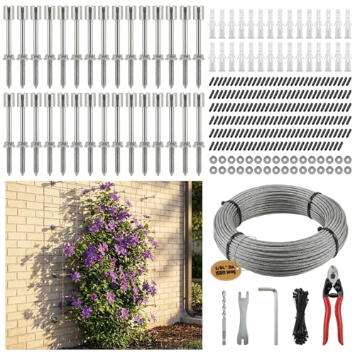 30 Set Wire Trellis Kit, 150ft x 2mm T316 Stainless Steel Cable & Cutter, Corrosion Resistant Outdoor Wall Espalier System for Climbing Plants and Vine Support (Installation Tools Included)