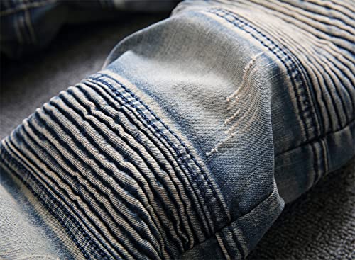 Men's Pleated Ripped Biker Jeans Skinny Slim Fashion Stretchy Jeans Men Distressed Washed Fold Jean Trousers3