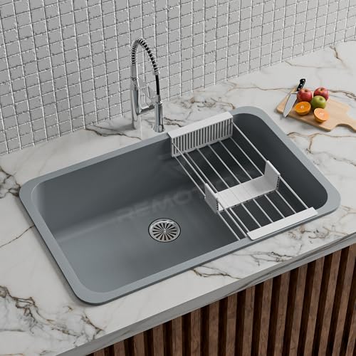 Image of REMOTION Granite Quartz Singke Bowl Kitchen SInk | Matte Finish Kitchen Sink With Drain Board and Drainer Basket | Modern Sink for Kitchen (31 x 19 x 9 Inch) (Grey)