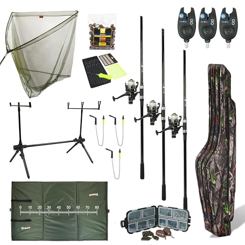 FISH-XPRO Set di carpe Mega - 3 canne, mulinelli, allarmi morsi, scambisti, Rodpod, Holdall e altro! Conveniente e completo! Mega Carp Fishing Set - La pesca alla carpa non è mai stata così facile e
