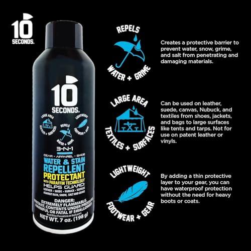 10 Seconds – Water Repellent Spray Instantly Shields Footwear, Motorcycle & Camping Gear | Durable, Lightweight, Breathable, Stain & Grime Resistant Protection3