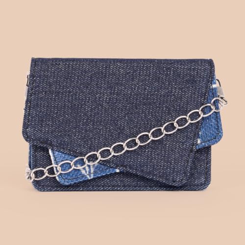 Image of ZOUK Tovi Mini Bag Wallet | Stylish Vegan Denim Crossbody Wallet for Women with Card Slots & Water-Resistant Lining | Handcrafted Small Sling Bag with Silver Chain Strap | Lakshadweep Azure