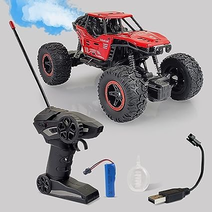 Caman Toy Remote Control Car for Kids with Mist Smoke Effect 2 WD Monster Truck Rock Crawler Climbing RC Toy Vehicle Car for Boys and Girls-Red