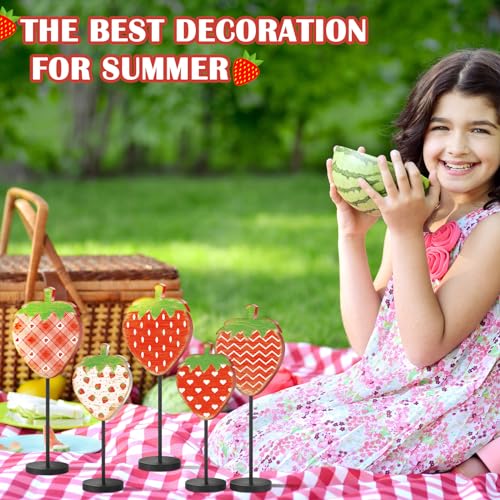 Image of Yousoontic 5 Pcs Summer Strawberry Table Decorations Strawberry Centerpiece for Table Summer Sweet Wooden Sign Standing Block for Home Tiered Tray Office Shelf Decorations