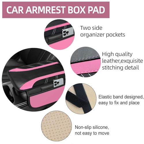 NBTEPEM Pink Center Console Cover, Sporty Leather Armrest Cover Cushion with 2 Storage Pockets, Universal Auto Middle Console Protector, Car Interior Accessories for Most SUV, Truck, Sedan Vehicles by NBTEPEM - Image 3