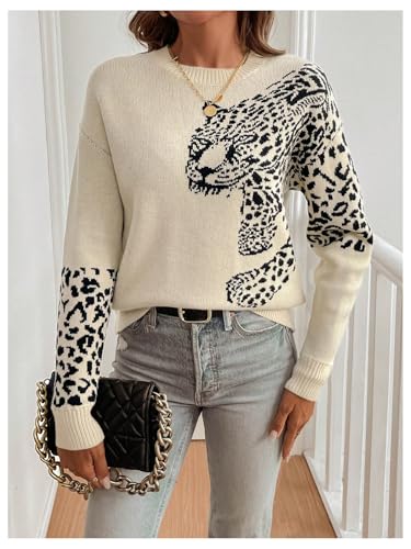 Image of SOLY HUX Women's Vintage Leopard Print Long Sleeve Round Neck Jumper