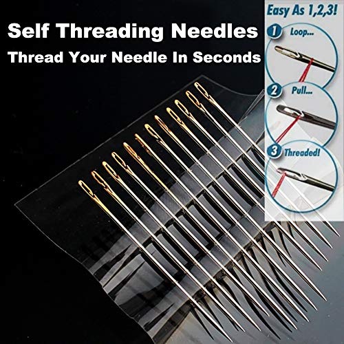 Self-Threading Needles, Needle Threader With Needle Case Carving Plum Blossom Pattern, Golden, 12 Pack #TOP1