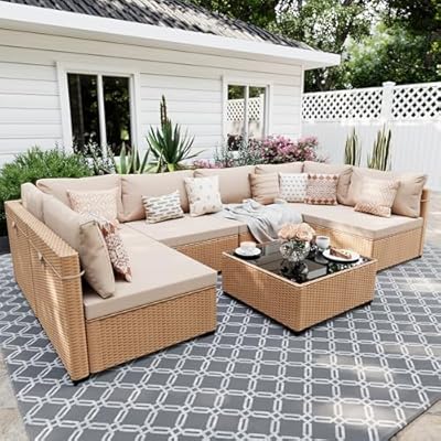 UPHA 7 Pieces Patio Furniture Sets Outdoor Sectional Sofa Wicker Conversation Couch for Decks, Backyards, Gardens, Yellow Rattan, Beige Cushion