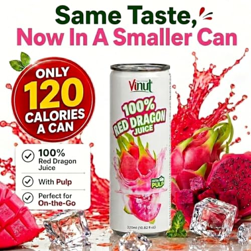 Image of VINUT 100% Red Dragon Fruit Juice with Pulp (Pitaya), No Added Sugar, Not From Concentrate, Gluten Free & Non-GMO Drink, 100% Vegan /Plant-Based, 10.82 fl oz Cans (Pack of 12)