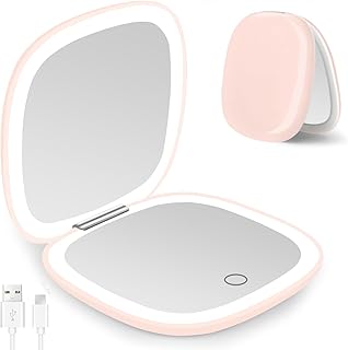 مراة جيب قابلة لاعادة الشحن من ال بي ام تي، مراة مكياج صغيرة محمولة وقابلة للطي ومحمولة باليد مع اضاءة في وضع 3 الوان، مراة صغيرة محمولة وقابلة للطي ومحمولة باليد (زهري)