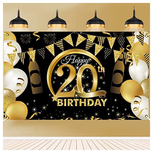 20 Años Decoración de Fiesta de Cumpleaños20 Años Fondo de Cumpleaños de Oro Negro,20 Años Banner de Fondo de Feliz Cumpleaños,Póster de Tela Cartel Extra Grande