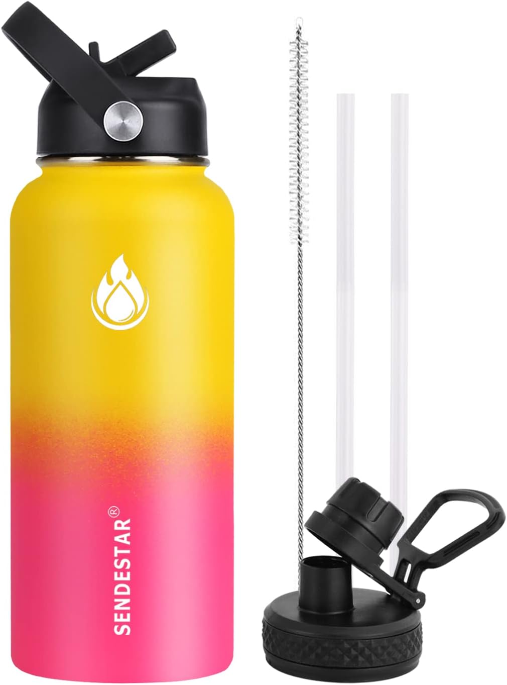 Stainless Steel Water Bottle, Wide Mouth 32 oz Water Bottle with Straw Lid, Spout Lid, Double Wall Vacuum Insulated Leak Proof, Keeps Liquids Hot or Cold (Yellow&Pink)