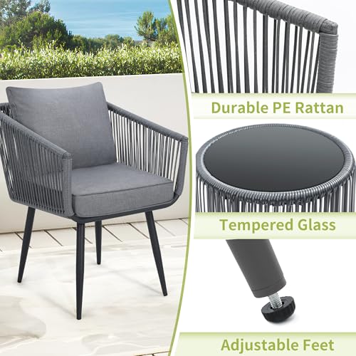 Image of Kromax 3-Piece Patio Rattan Bistro Conversation Set, Grey | Outdoor All-Weather Wicker Furniture Chairs and Side Table Set, Ideal for Balcony, Porch and Backyard