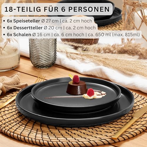 SÄNGER Madeira | Steingut Geschirr Set 18 tlg, Teller Set 6 Personen, Geschirrset 6x Speiseteller 6x Müslischalen 6x Dessertteller, Tafelservice schwarz kratzfest, Essgeschirr matt | VALUE COLLECTION