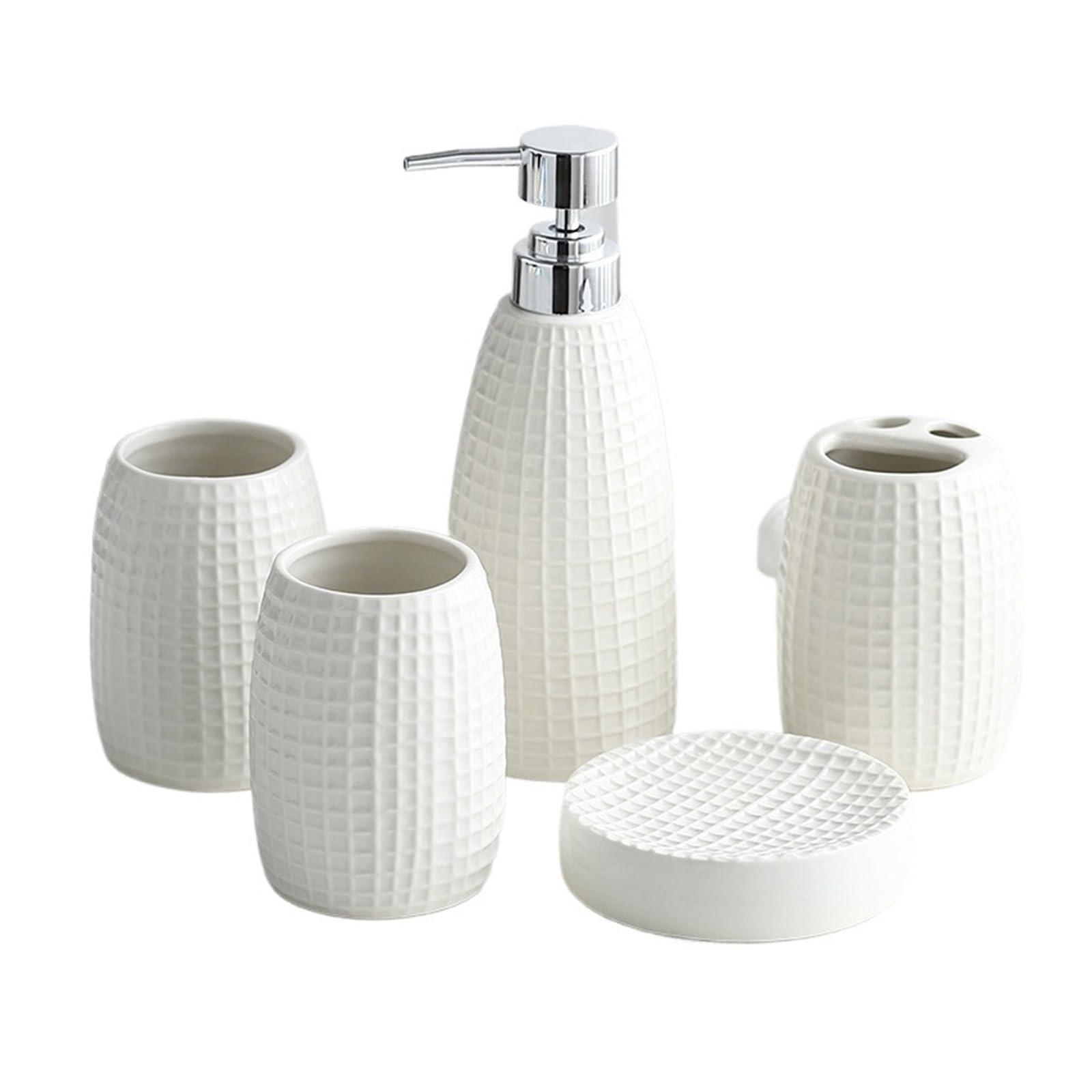 Suministros de baño para mañanas organizadas con tazas de lavado y dosificador