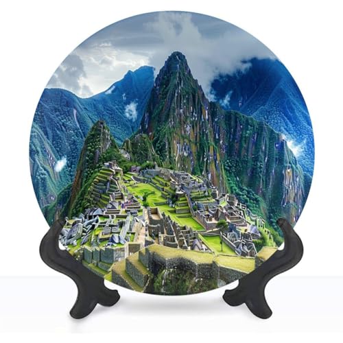 EPONGEKIT Decorative Plates for Display 8" Machu Picchu Peru Ceramic Ornament with Display Stand and Hook Up for Wall Decor Hanging Festival Wedding Gift