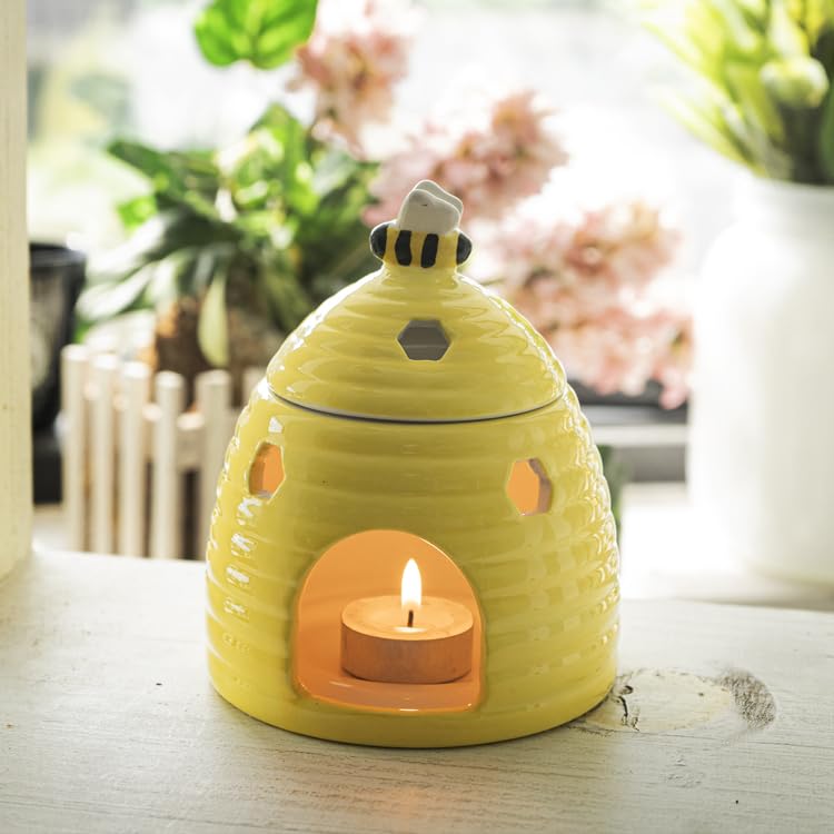 SUMMIT COLLECTION Gifts Ceramic Beehive Tea Light Candle Holder Compatible with Fragrance Oils and Wax Melts Yellow Decorative Bee Honeycomb Design 5.5" H