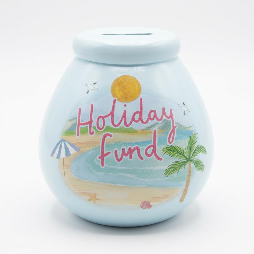 Pot of Dreams Holiday Fund Money Box – Hand Painted Ceramic Savings Pot, Beach Theme Piggy Bank, Break to Open Coin Jar, Holds Up to £1000, Gift for Travel Saving