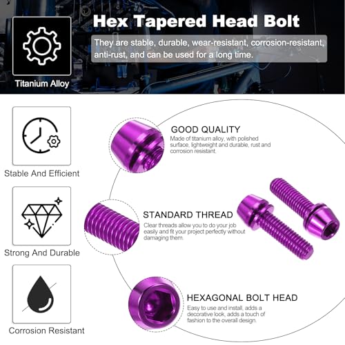 Perno de titanio M5 x 18 mm PATIKIL cónico morado para potencia de bicicleta con arandela paquete de 6 3