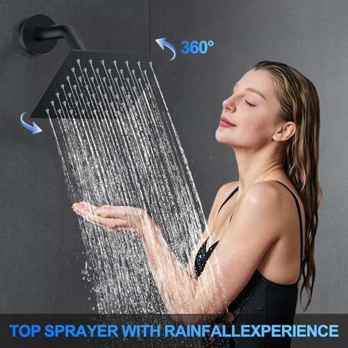 Image of Shower Faucet Set, 12 inch Ceiling Mount Rainfall Shower System with 12'' Top Head+6'' Side Head and Multi-function Handheld Head Push Button Diverter Shower Faucet Trim Kit (12 inch, Matte Black)