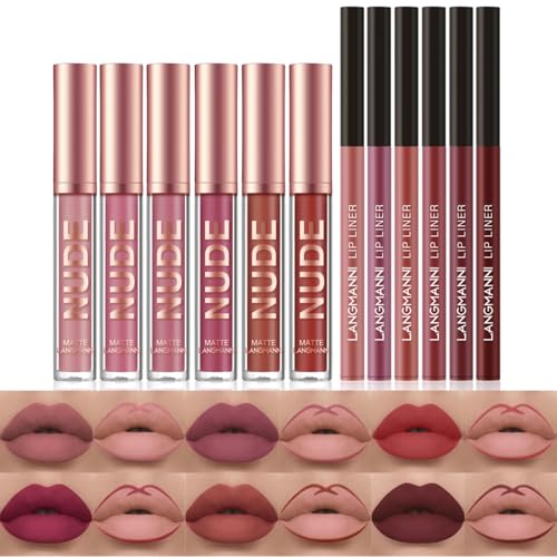 Juego de maquillaje de lápices labiales de 12 piezas, 6 líquidos mate + 6 delineadores, kit de brillo de labios resistente al agua de larga duración