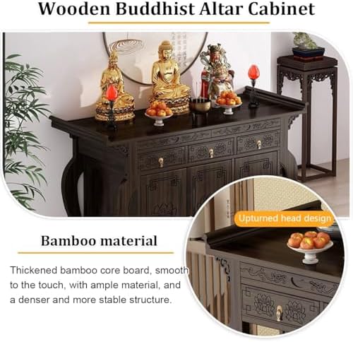 Solid Wood Personal Shrine Altar Table & Cabinet, Chinese Sleek Metal Design, Prayer Table for Living Room & Temples (66x40x88cm/27x16x35)
