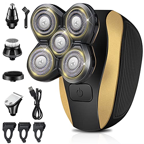 Miffynall Electric Razor for Men - Men s 5 in 1 Cordless Electric Rotary Shavers,Bald Head Shaver Grooming Kit,with Beard&Hair&Nose Trimmer Facial Cleansing&Massage Brush,IPX7-Waterproof - Golden