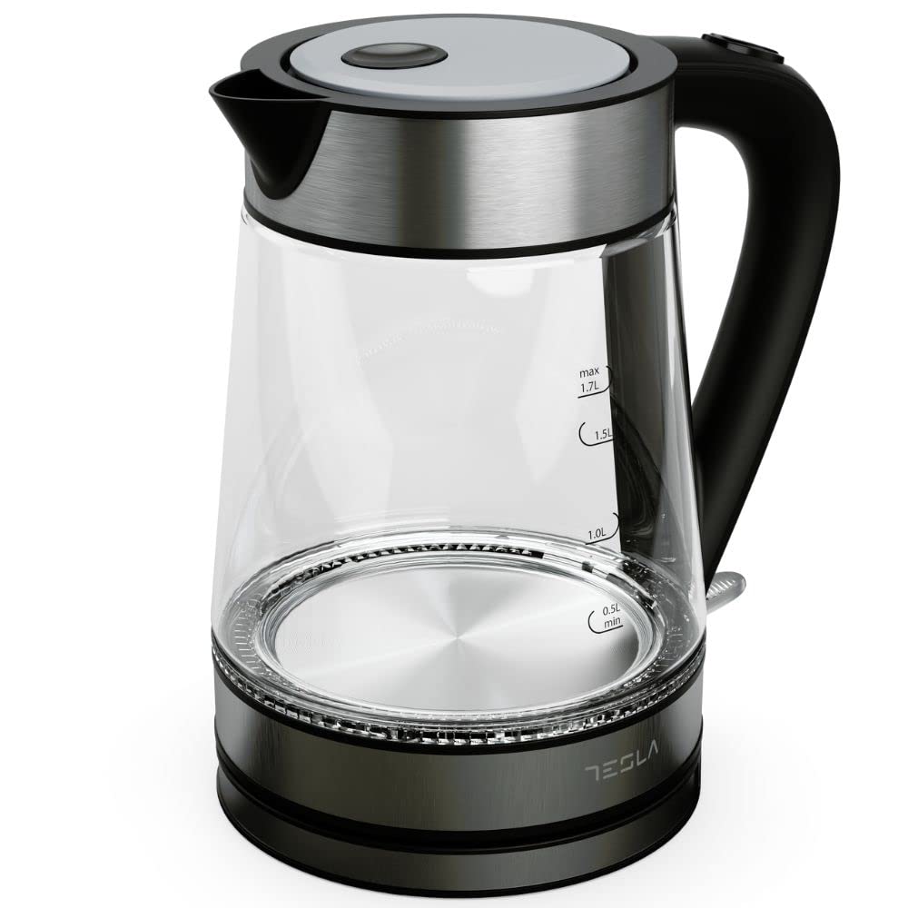 Tesla Hervidor de Agua Eléctrico KT300X - 1.7 Litros, 2200W de Potencia, Acero Inoxidable, Indicador LED, Tapa Pop-Up, Apagado Automático, Tecnología STRIX, Control Nivel de Agua (Color Negro)