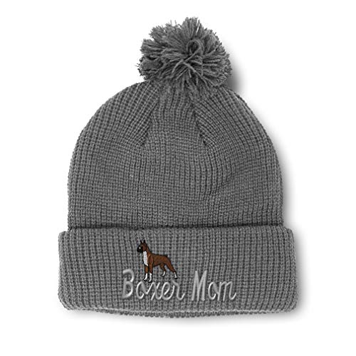 Speedy Pros Pom Pom Beanies for Women Boxer Mom Mama Dog Pet Embroidery Dogs Winter Hats for Men Acrylic Skull Cap 1 Size Light Grey