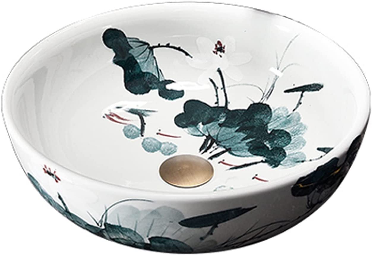 Ceramiczna Umywalka Łazienkowa, Umywalka Ceramiczna, Umywalka Nablatowa, Okrągła, Niebiesko-Biała, Porcelanowa, Artystyczna, Umywalka Nablatowa Z Liściem Lotosu, Lotus Pa